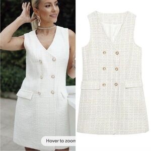 Zara Oyster White Long Weed Vest Dress Size Large Pearl Gold Buttons
